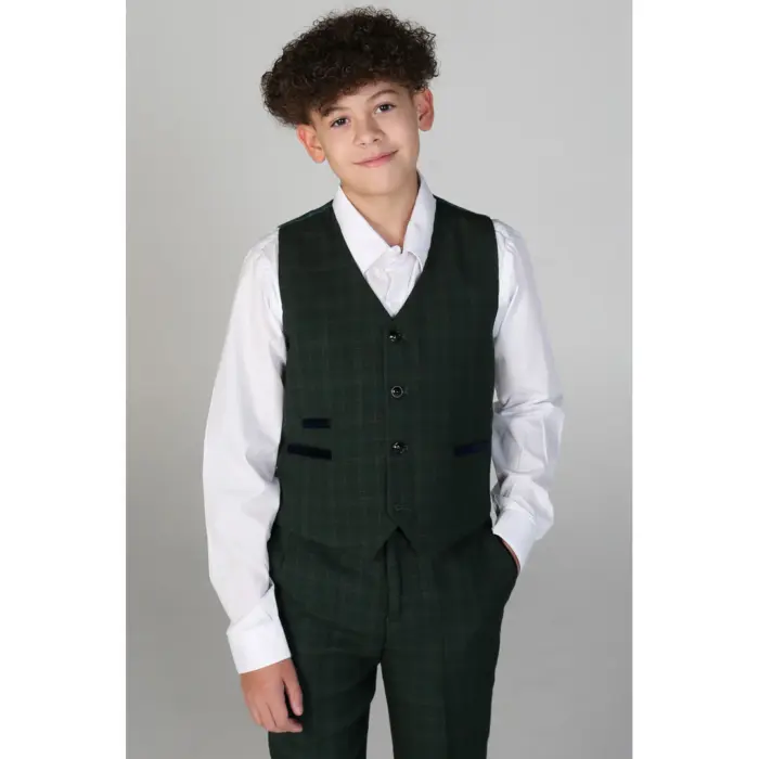 Boys Green 3 Piece Checked Suit - Image 5