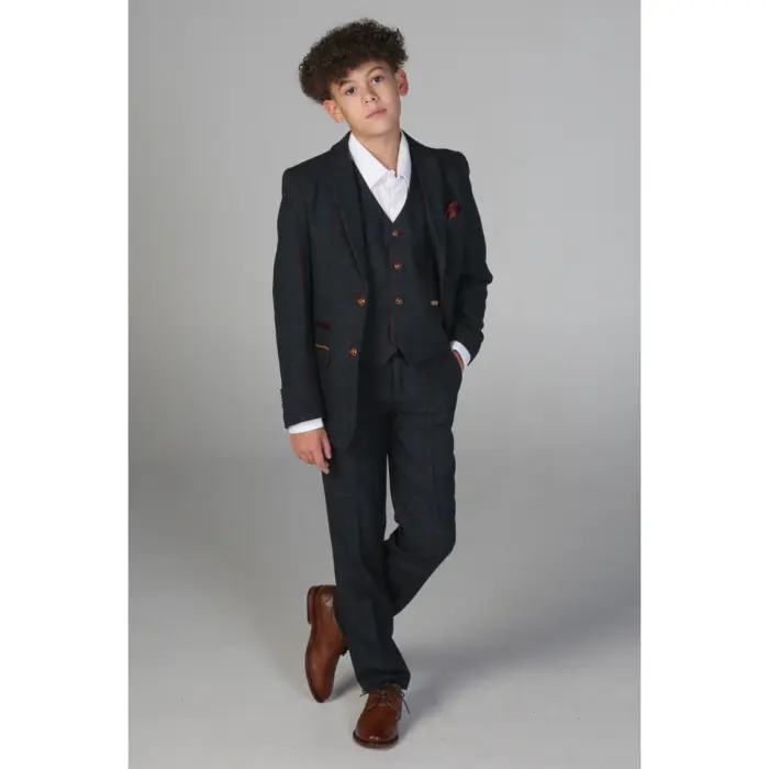 Boys 3 Piece Navy Tweed Check Suit - Image 2