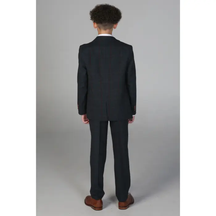 Boys 3 Piece Navy Tweed Check Suit - Image 7