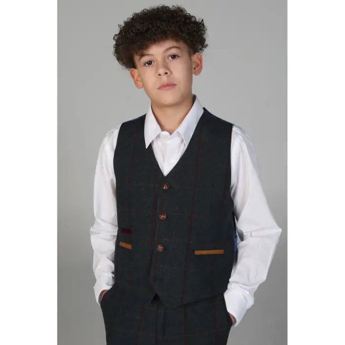 Boys 3 Piece Navy Tweed Check Suit - Image 5