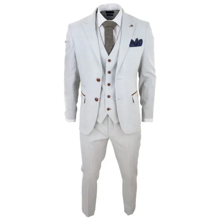 Mens Grey Stone 3 Piece Tweed Check Suit Wedding Prom Tailored Fit Brown Trim - Image 3