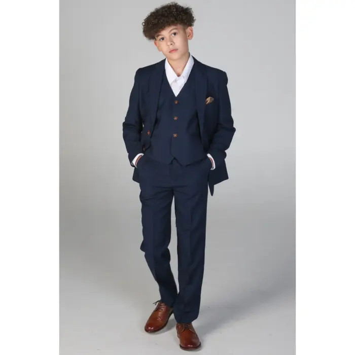 Boys Navy 3 Piece Suit Classic Birdseye Wedding - Image 2