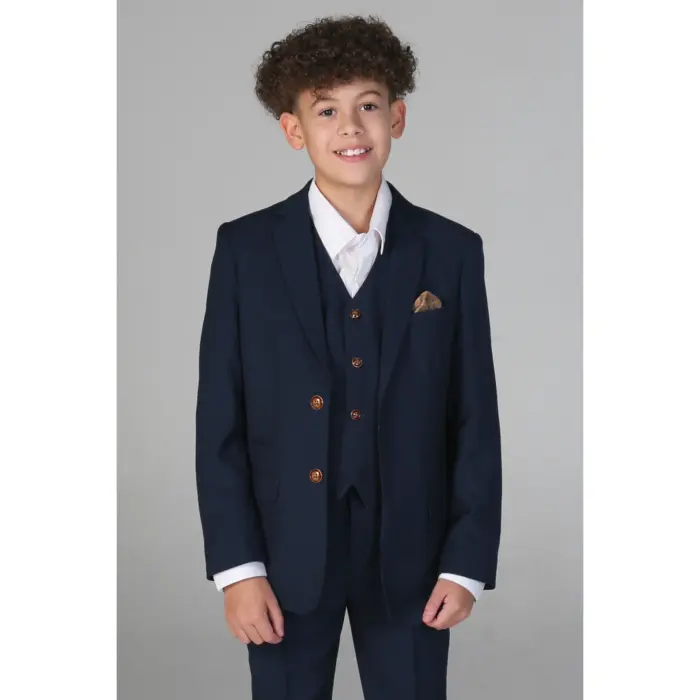 Boys Navy 3 Piece Suit Classic Birdseye Wedding - Image 1