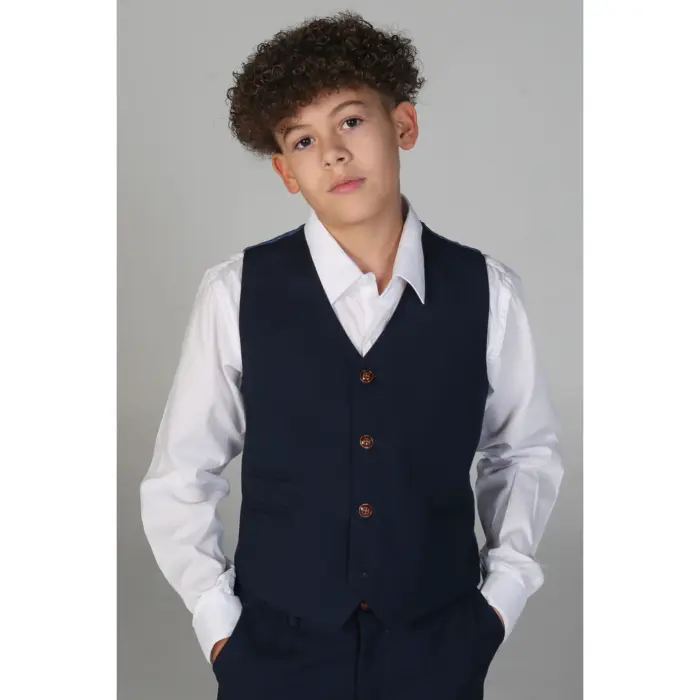 Boys Navy 3 Piece Suit Classic Birdseye Wedding - Image 4