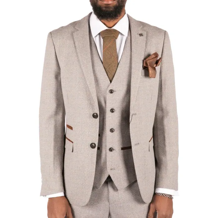 Mens 3 Piece Cream Suit Tweed Check Vintage Retro Tailored Fit 1920s - Image 1
