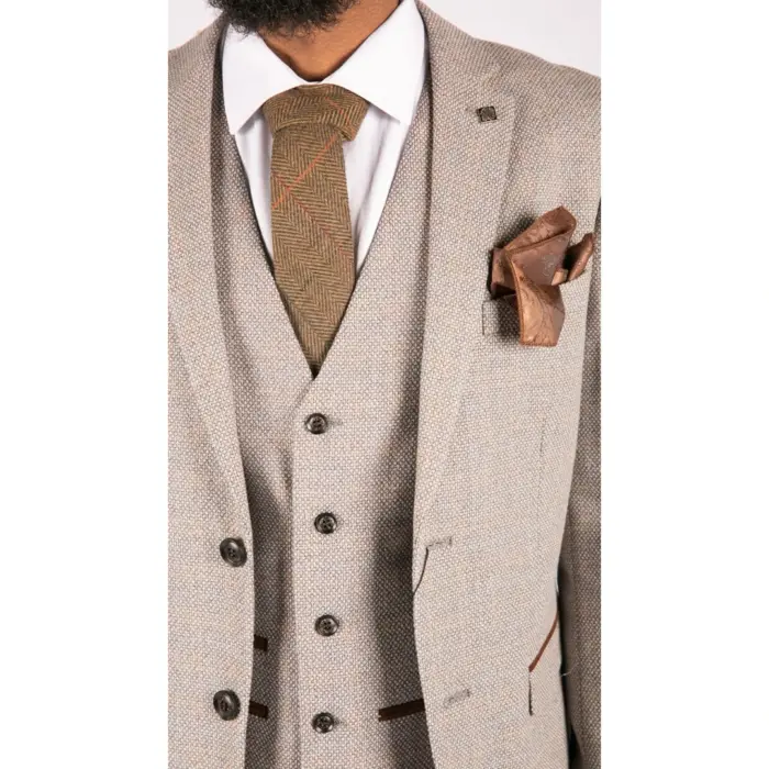 Mens 3 Piece Cream Suit Tweed Check Vintage Retro Tailored Fit 1920s - Image 4