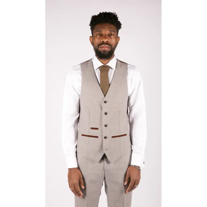 Mens 3 Piece Cream Suit Tweed Check Vintage Retro Tailored Fit 1920s - Image 5