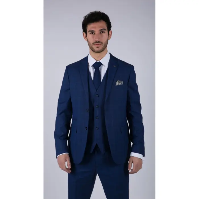 Mens 3 Piece Suit Royal Blue Prince Of Wales Check Suit Classic Wedding Formal - Image 1