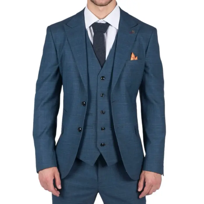 Mens 3 Piece Prince Of Wales Check Suit Blue Classic Light Tailored Fit Modern - Image 1