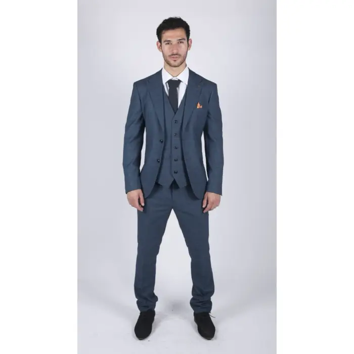 Mens 3 Piece Prince Of Wales Check Suit Blue Classic Light Tailored Fit Modern - Image 2