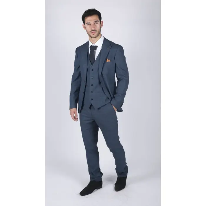 Mens 3 Piece Prince Of Wales Check Suit Blue Classic Light Tailored Fit Modern - Image 3