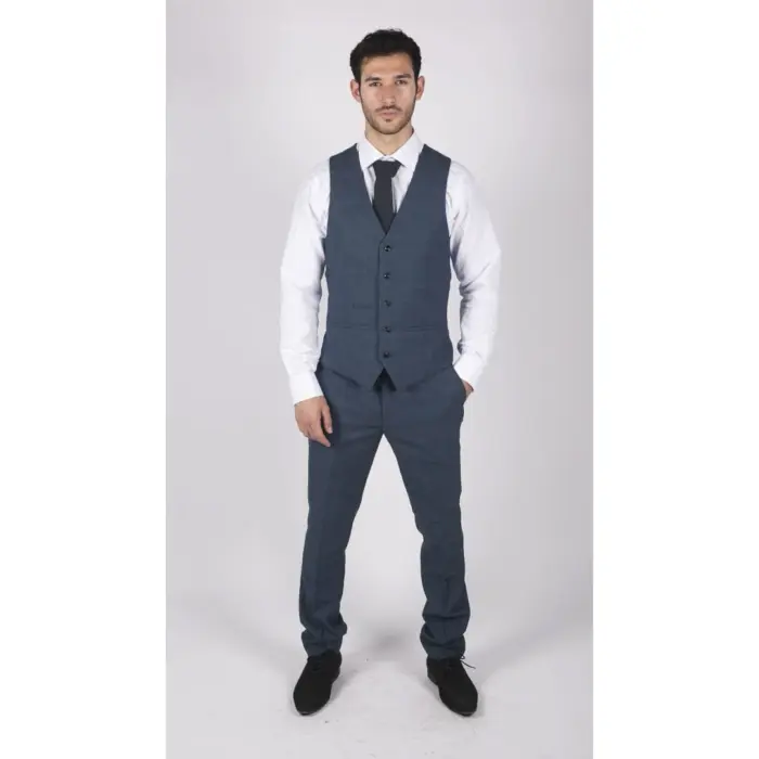 Mens 3 Piece Prince Of Wales Check Suit Blue Classic Light Tailored Fit Modern - Image 4