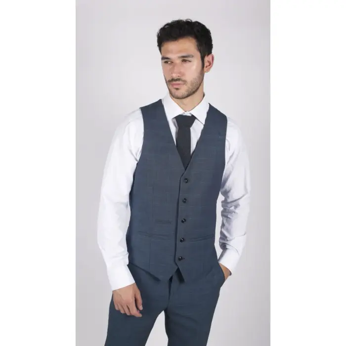 Mens 3 Piece Prince Of Wales Check Suit Blue Classic Light Tailored Fit Modern - Image 5