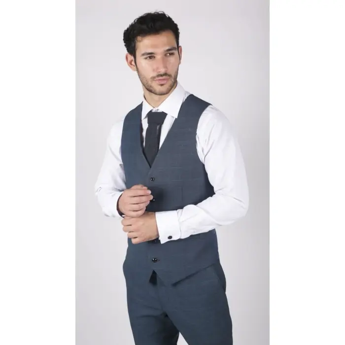 Mens 3 Piece Prince Of Wales Check Suit Blue Classic Light Tailored Fit Modern - Image 6