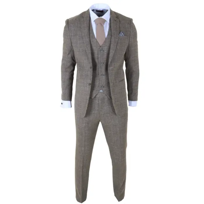 Parker - Men's Tan Brown Classic Check Slim Fit 3 Piece Suit - Image 3
