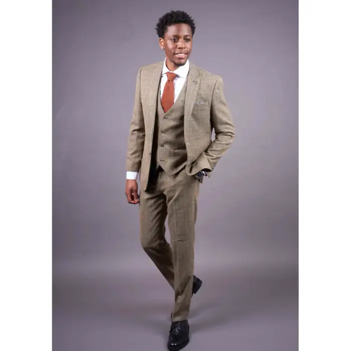 Parker - Men's Tan Brown Classic Check Slim Fit 3 Piece Suit - Image 2