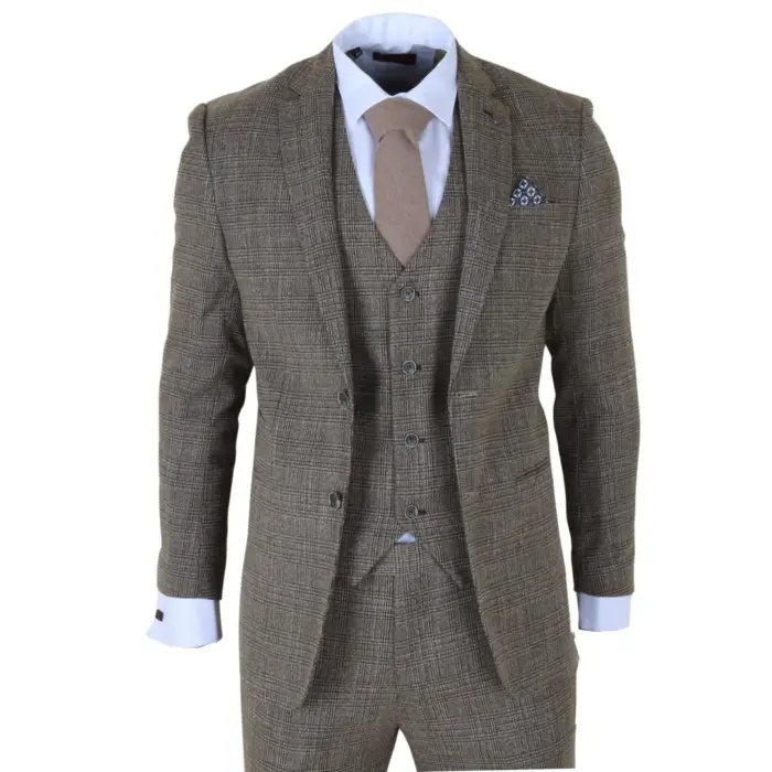 Parker - Men's Tan Brown Classic Check Slim Fit 3 Piece Suit - Image 1