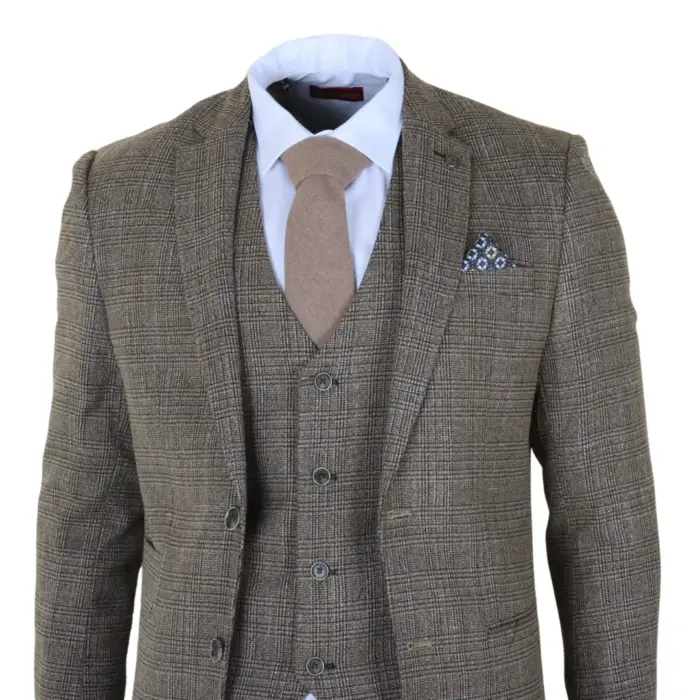 Parker - Men's Tan Brown Classic Check Slim Fit 3 Piece Suit - Image 4