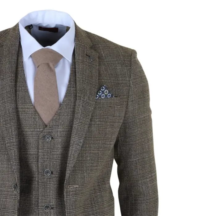 Parker - Men's Tan Brown Classic Check Slim Fit 3 Piece Suit - Image 5