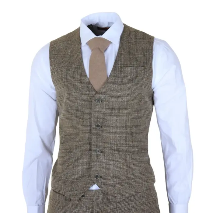 Parker - Men's Tan Brown Classic Check Slim Fit 3 Piece Suit - Image 6