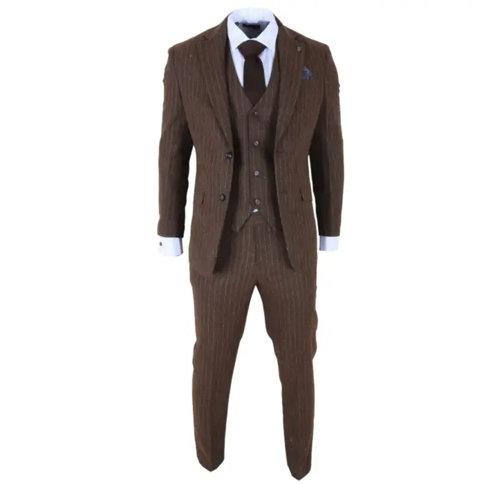 Victor - Men's Brown Pinstripe Slim Fit 3 Piece Suit - Image 3