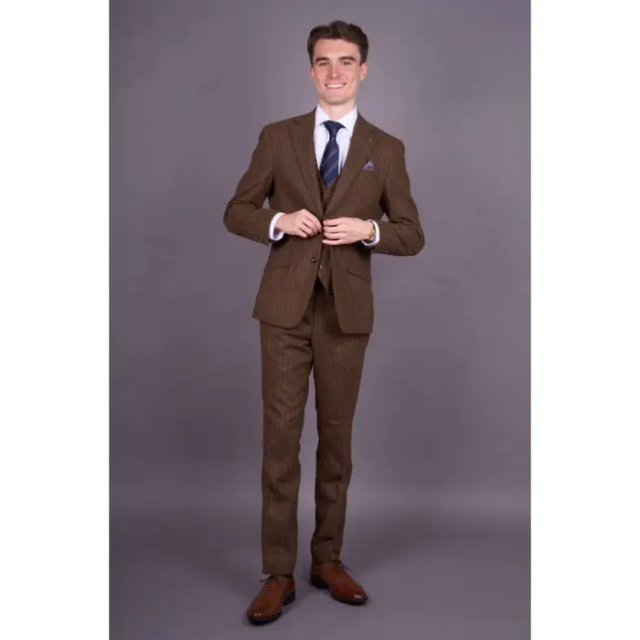 Victor - Men's Brown Pinstripe Slim Fit 3 Piece Suit - Image 2