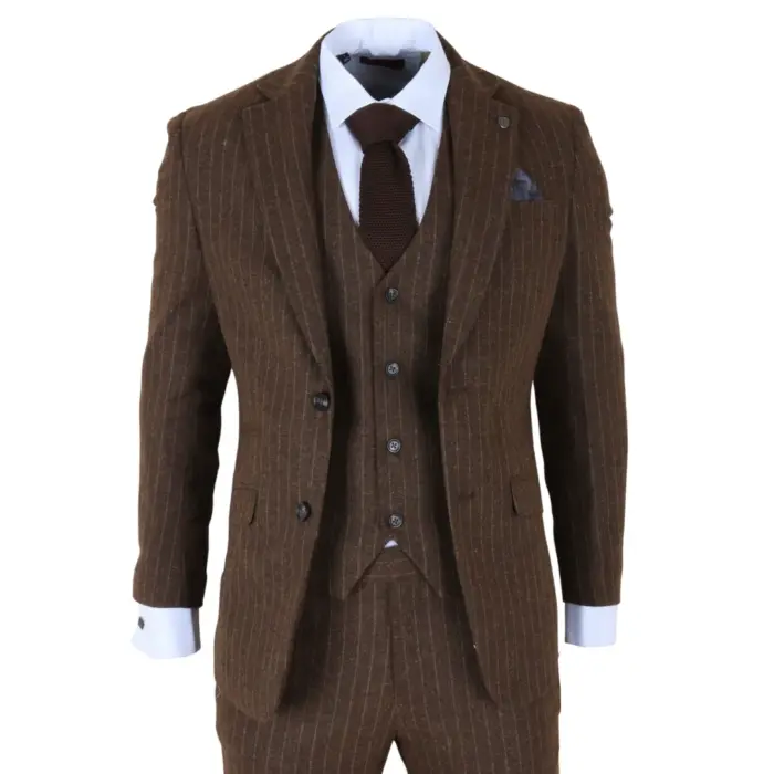 Victor - Men's Brown Pinstripe Slim Fit 3 Piece Suit - Image 1