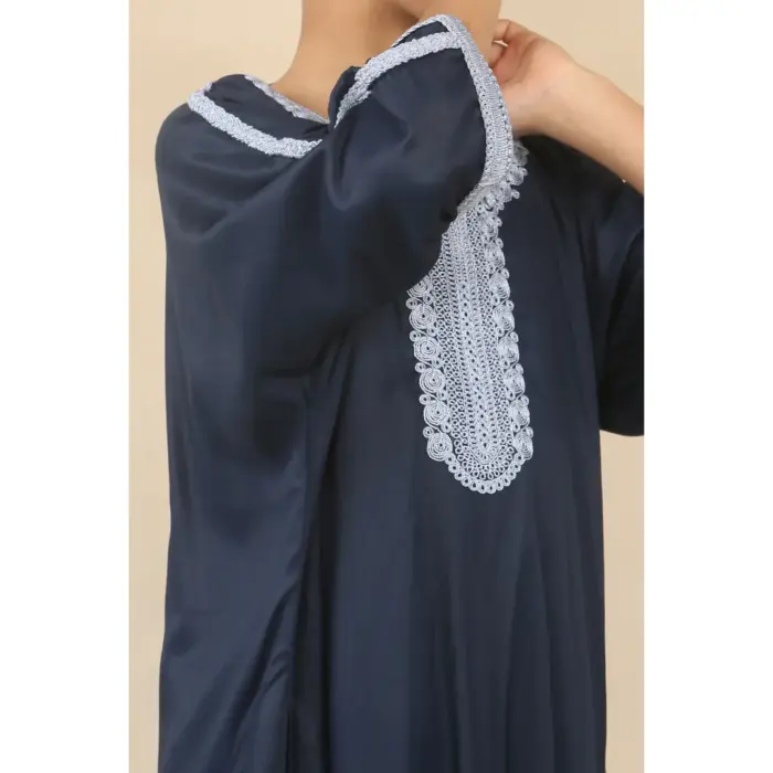 Boys Navy Moroccan Thobe Short Sleeve Gandoura Blue Embroidery Kaftan - Image 5