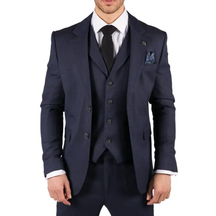 Mens Herringbone Tweed 3 Piece Suit Blue Classic Vintage Tailored Wedding Blinders - Image 1