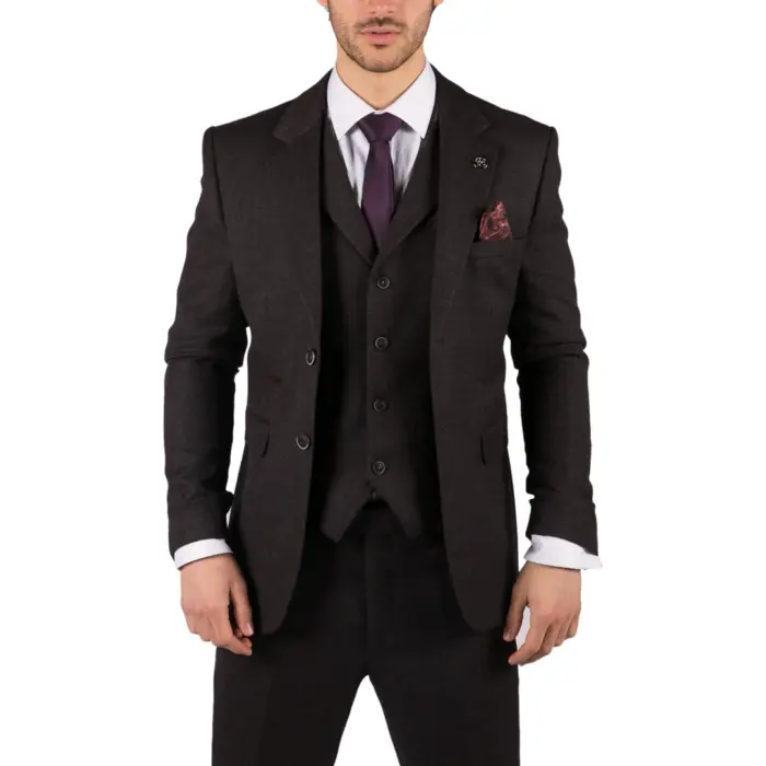 Mens Herringbone Tweed 3 Piece Suit Purple Plum Tailored 1920s Vintage Blinders - Image 1