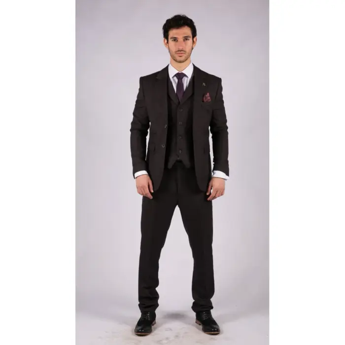 Mens Herringbone Tweed 3 Piece Suit Purple Plum Tailored 1920s Vintage Blinders - Image 2