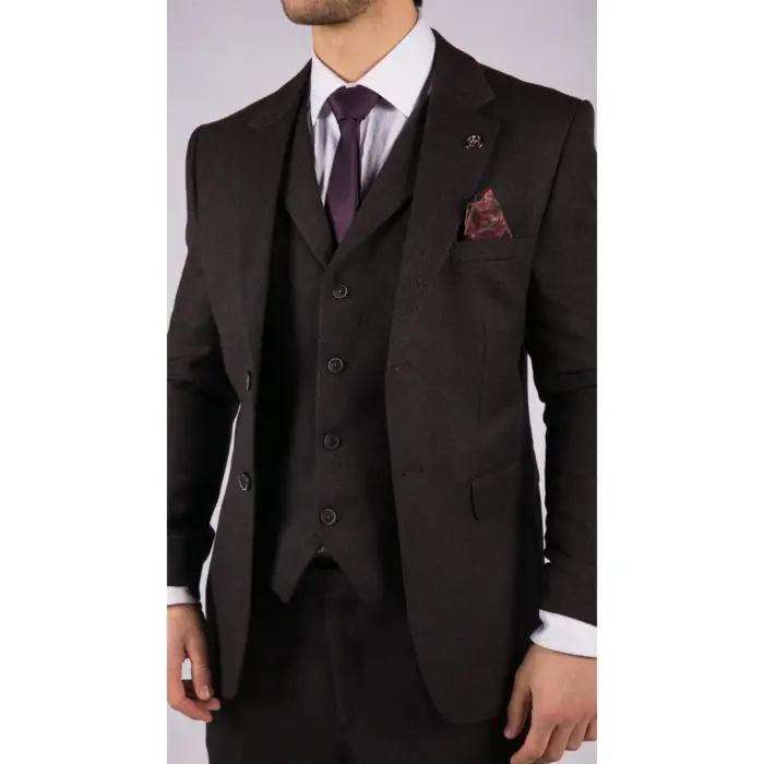 Mens Herringbone Tweed 3 Piece Suit Purple Plum Tailored 1920s Vintage Blinders - Image 5