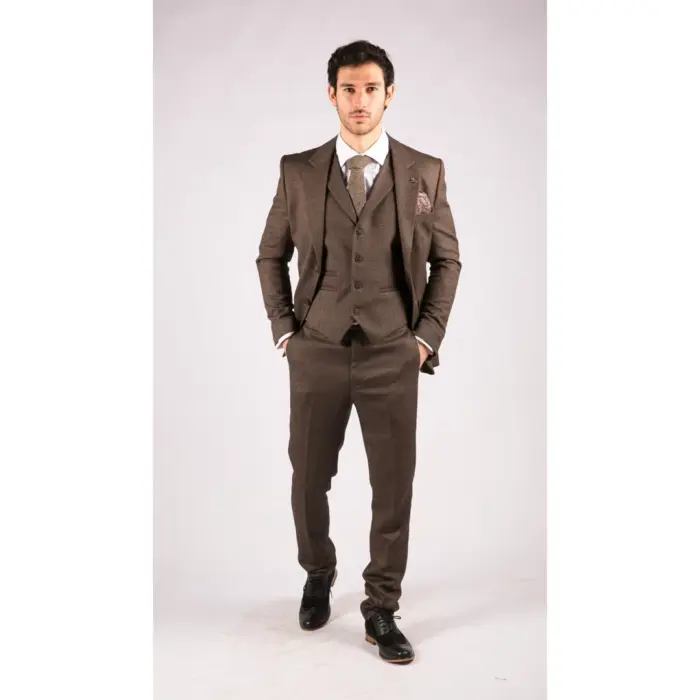 Mens Herringbone Tweed 3 Piece Suit Brown Classic Vintage Tailored Wedding Blinders - Image 3