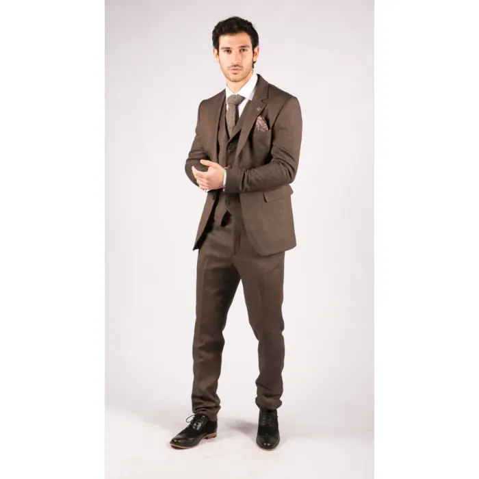 Mens Herringbone Tweed 3 Piece Suit Brown Classic Vintage Tailored Wedding Blinders - Image 4