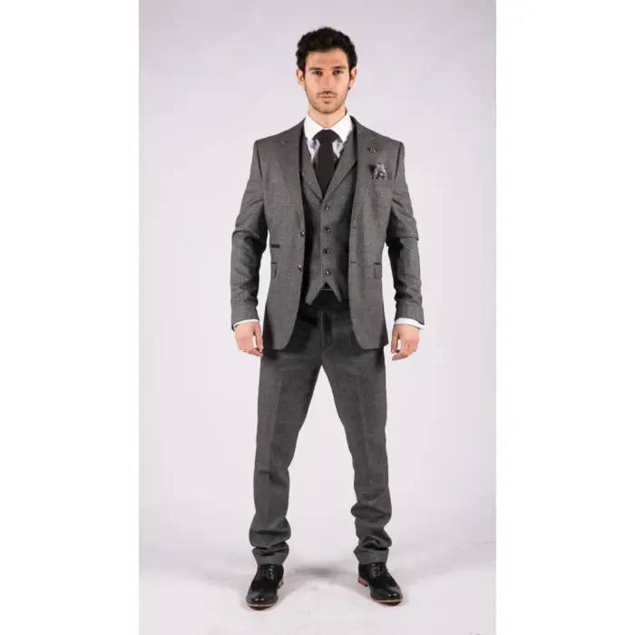 Mens Classic 3 Piece Suit Prince Of Wales Check Grey Tailored Fit Vintage Wedding - Image 2