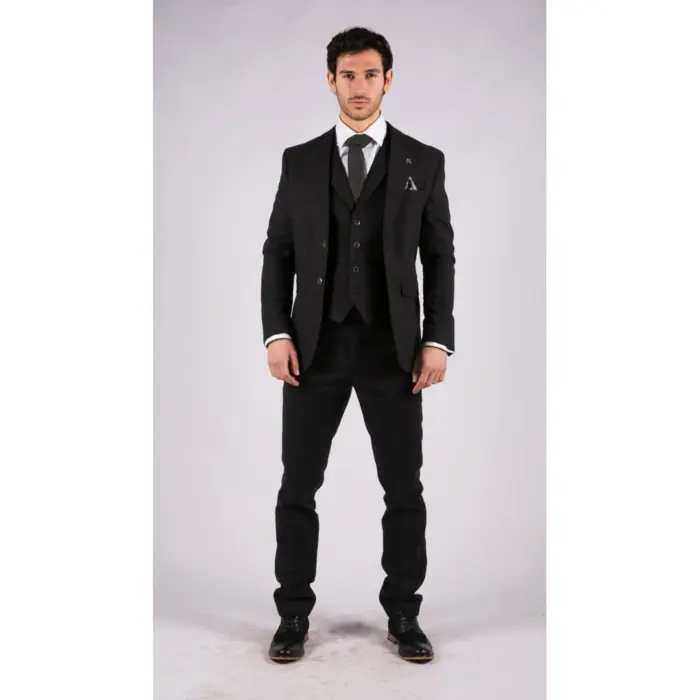 Mens Black Tweed 3 Piece Suit Check Vintage 1920s Gatsby Blinders Tailored Fit - Image 2