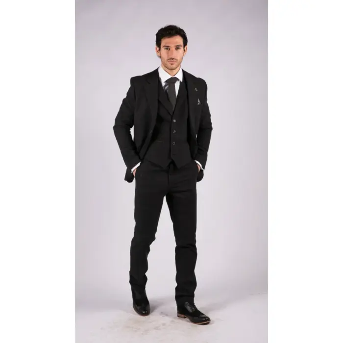 Mens Black Tweed 3 Piece Suit Check Vintage 1920s Gatsby Blinders Tailored Fit - Image 3