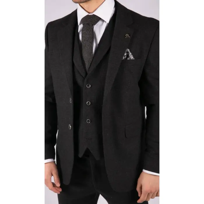 Mens Black Tweed 3 Piece Suit Check Vintage 1920s Gatsby Blinders Tailored Fit - Image 5
