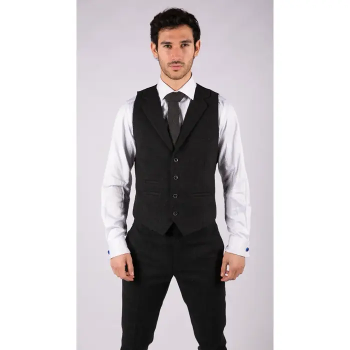 Mens Black Tweed 3 Piece Suit Check Vintage 1920s Gatsby Blinders Tailored Fit - Image 6