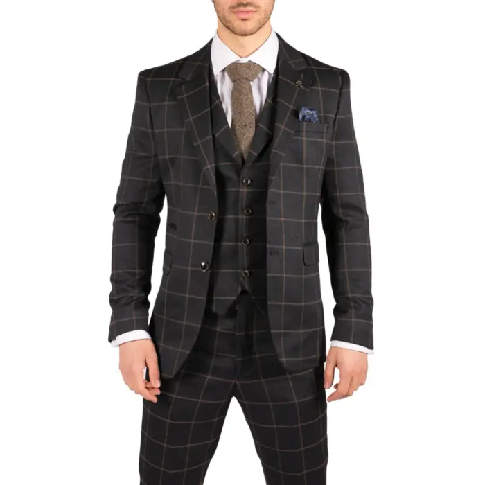 Mens Blue 3 Piece Suit Tan Check Classic Wedding Prom Peaky Tweed Vintage - Image 1