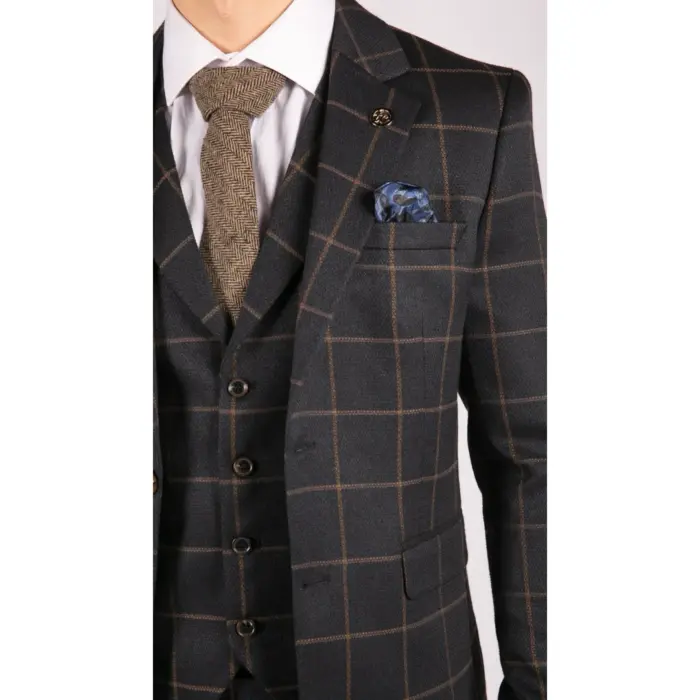 Mens Blue 3 Piece Suit Tan Check Classic Wedding Prom Peaky Tweed Vintage - Image 4