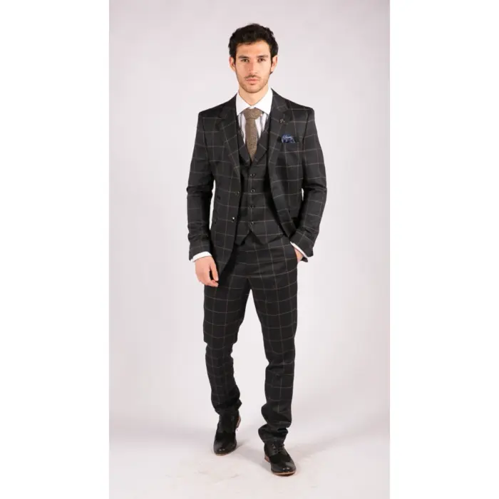 Mens Blue 3 Piece Suit Tan Check Classic Wedding Prom Peaky Tweed Vintage - Image 3