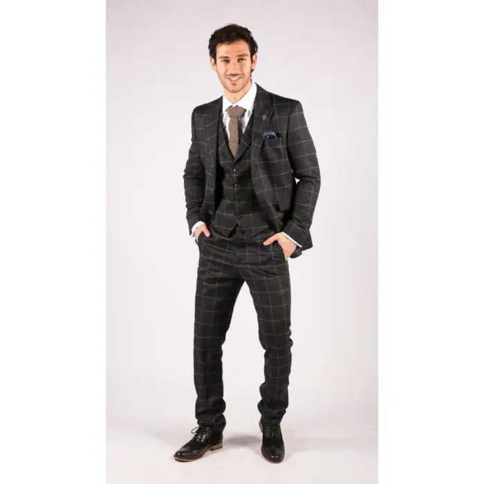 Mens Blue 3 Piece Suit Tan Check Classic Wedding Prom Peaky Tweed Vintage - Image 5