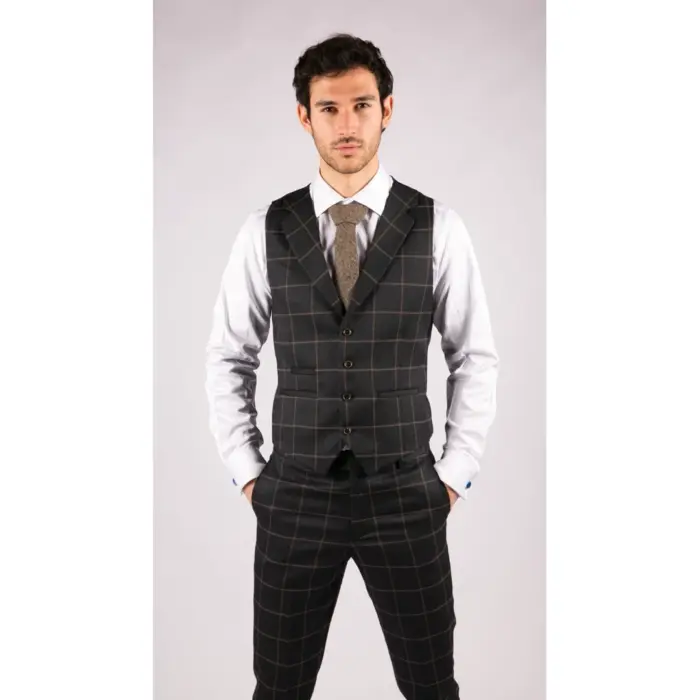 Mens Blue 3 Piece Suit Tan Check Classic Wedding Prom Peaky Tweed Vintage - Image 6