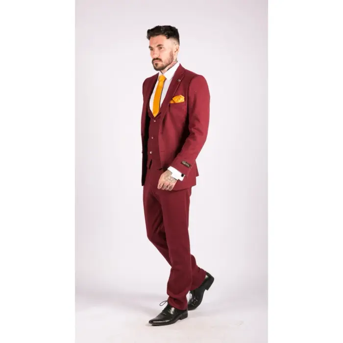 Mens Wool 3 Piece Suit Tweed Burgundy Black Tailored Fit Classic - Image 3