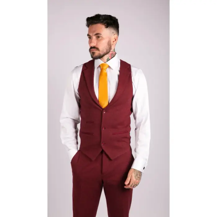 Mens Wool 3 Piece Suit Tweed Burgundy Black Tailored Fit Classic - Image 6