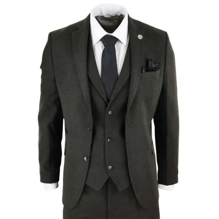 Mens Wool 3 Piece Suit Tweed Olive Green Black Tailored Fit Classic - Image 1