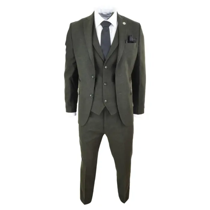 Mens Wool 3 Piece Suit Tweed Olive Green Black Tailored Fit Classic - Image 2