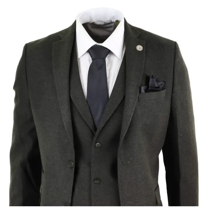 Mens Wool 3 Piece Suit Tweed Olive Green Black Tailored Fit Classic - Image 3