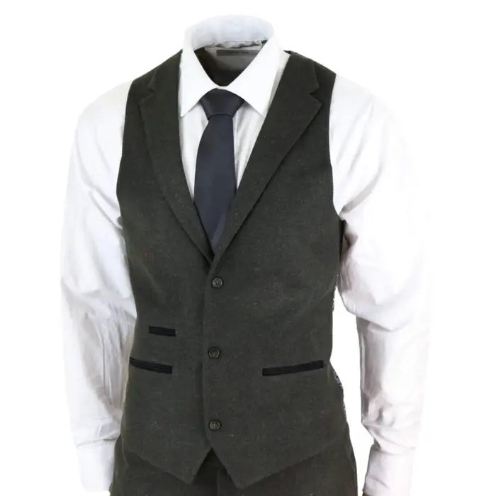 Mens Wool 3 Piece Suit Tweed Olive Green Black Tailored Fit Classic - Image 5